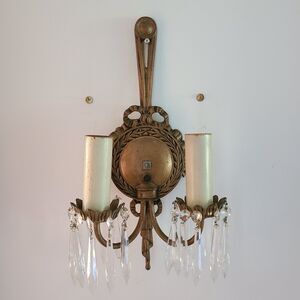 THREE Vintage Italian-Style Gilded Brass Wall Sconces Two with Crystal Prisms